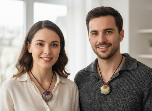 A smiling man and woman standing indoors, each wearing a round pendant necklace with colorful stone-like detailing on black cords. The background is softly blurred and light-colored.