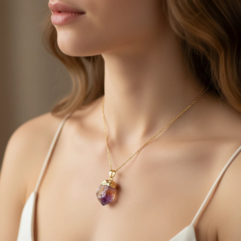 Gold necklaces with various colored stone pendants on a black background