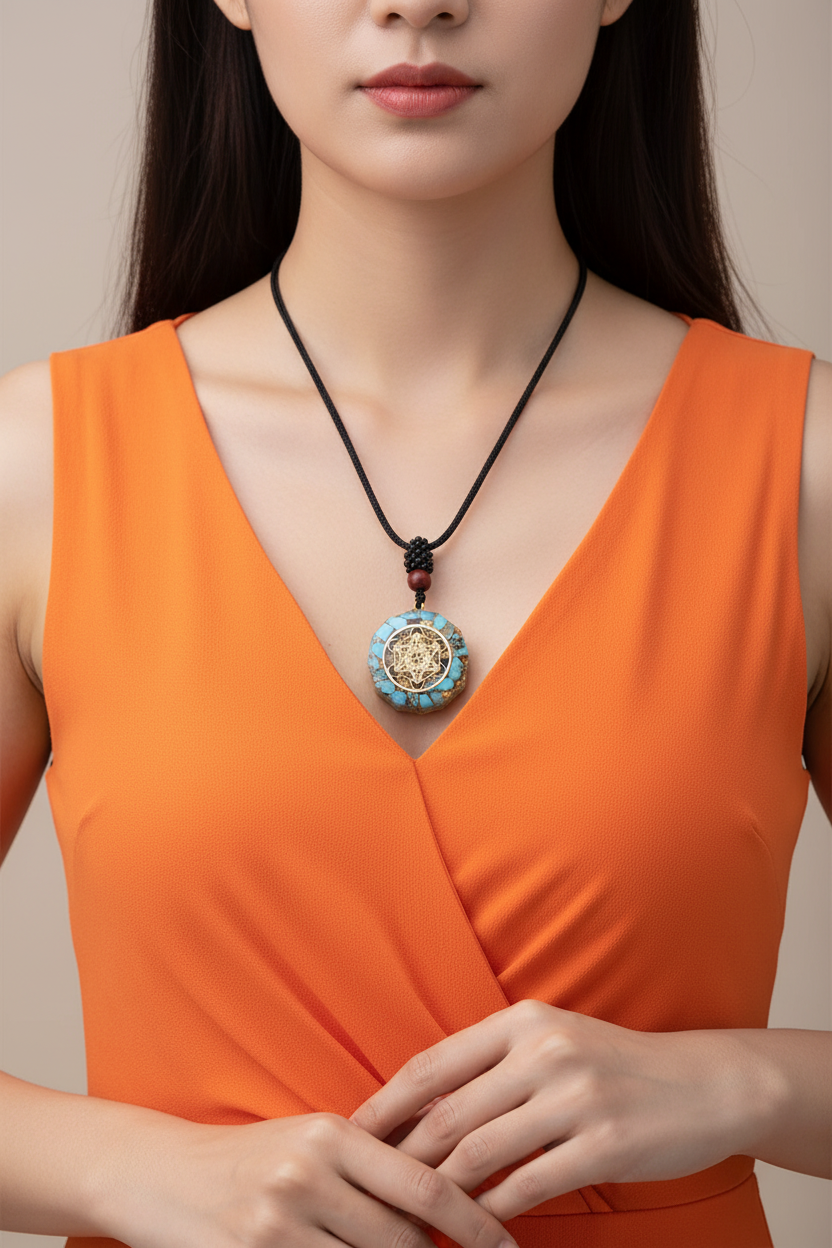 A circular pendant necklace featuring a central gold-toned geometric star design over a dark brown background, surrounded by a border of light blue stone chips with natural brown matrix. The pendant is suspended from a black braided cord with a dark brown bead, shown on a white background with a soft-focus blurred element in the upper left.
