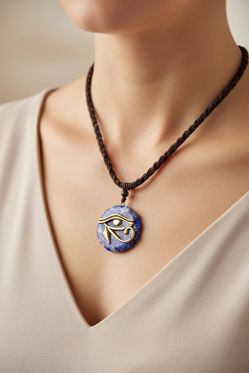 Front view of the Eye of Horus necklace with blue crystal