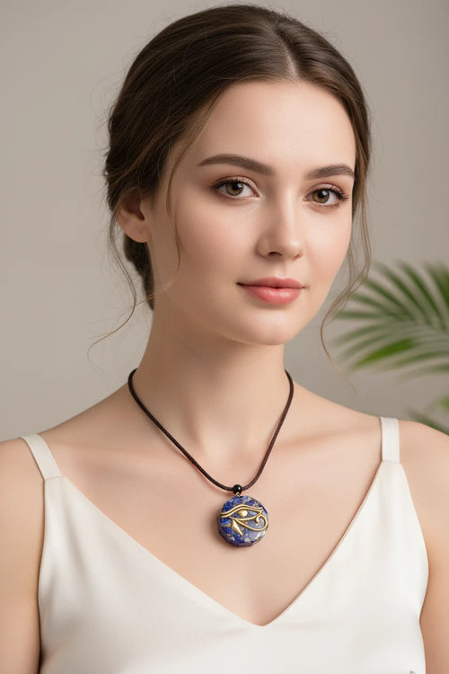 Front view of the Eye of Horus necklace with blue crystal