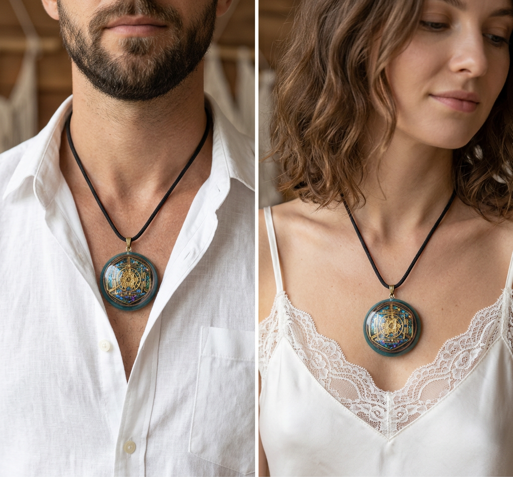 A split comparison showing a men's and women's version of a round pendant necklace. The left side, labeled 'MEN'S WEAR', shows a man wearing a black cord necklace with a circular pendant featuring a gold-toned sunburst design on a dark blue background.