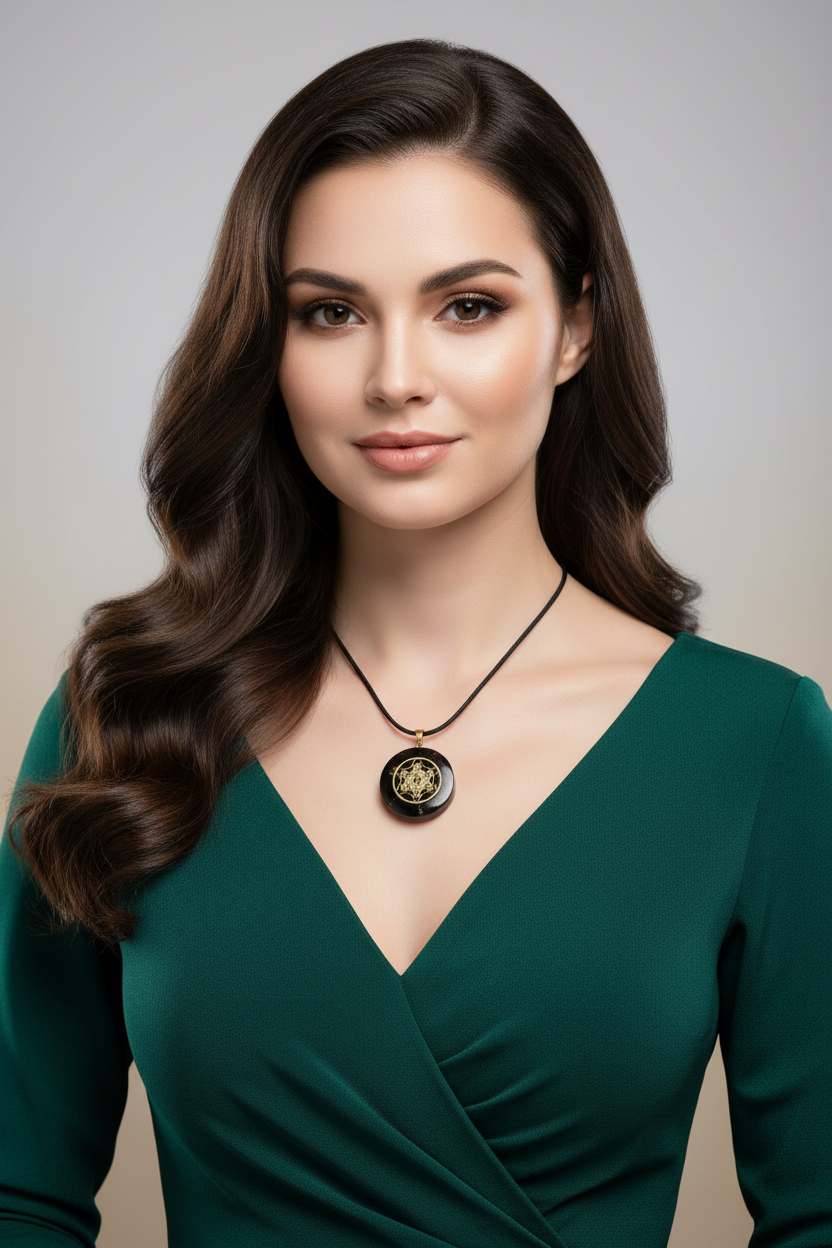 A circular black pendant with a gold geometric star design, hanging from a black cord with a red bead, shown within a screenshot of a website preview interface.