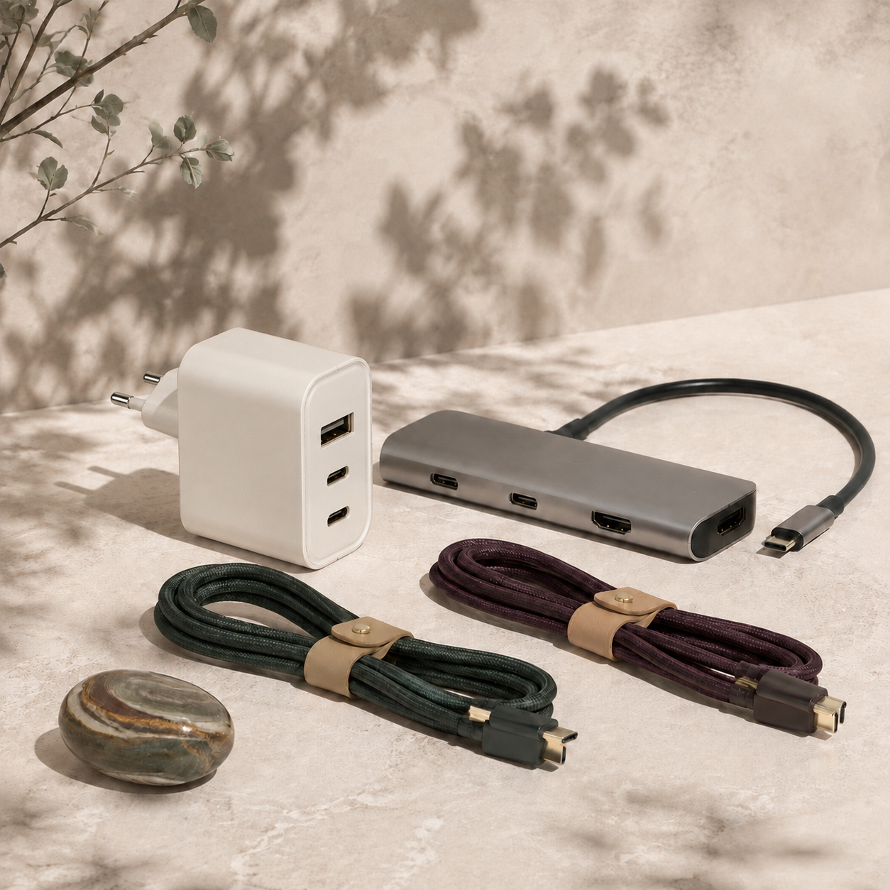 Soulstone Tech – EU charger with one USB-A and two USB-C ports, hub and braided cables